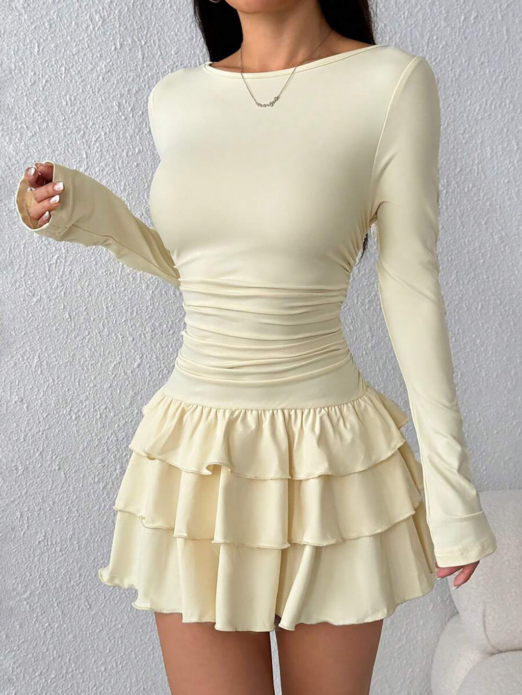 Ruched Waist Tiered Ruffle Mini Dress - Apricot - 1