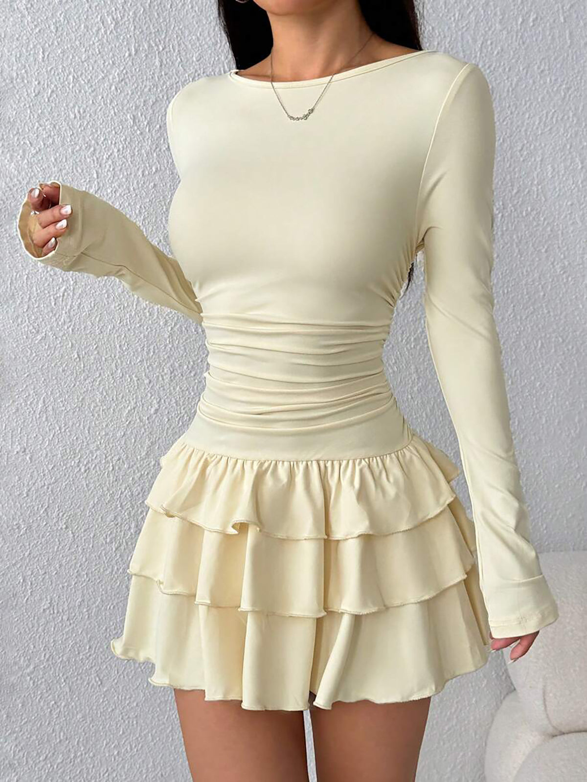 Ruched Waist Tiered Ruffle Mini Dress - Apricot - 1