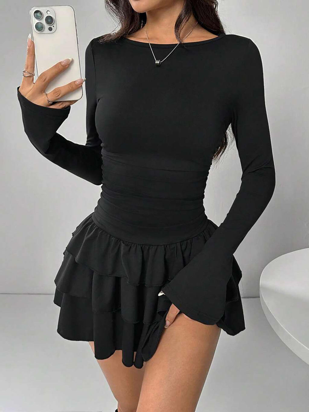 Ruched Waist Tiered Ruffle Mini Dress - Black