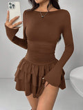 Ruched Waist Tiered Ruffle Mini Dress - Coffee