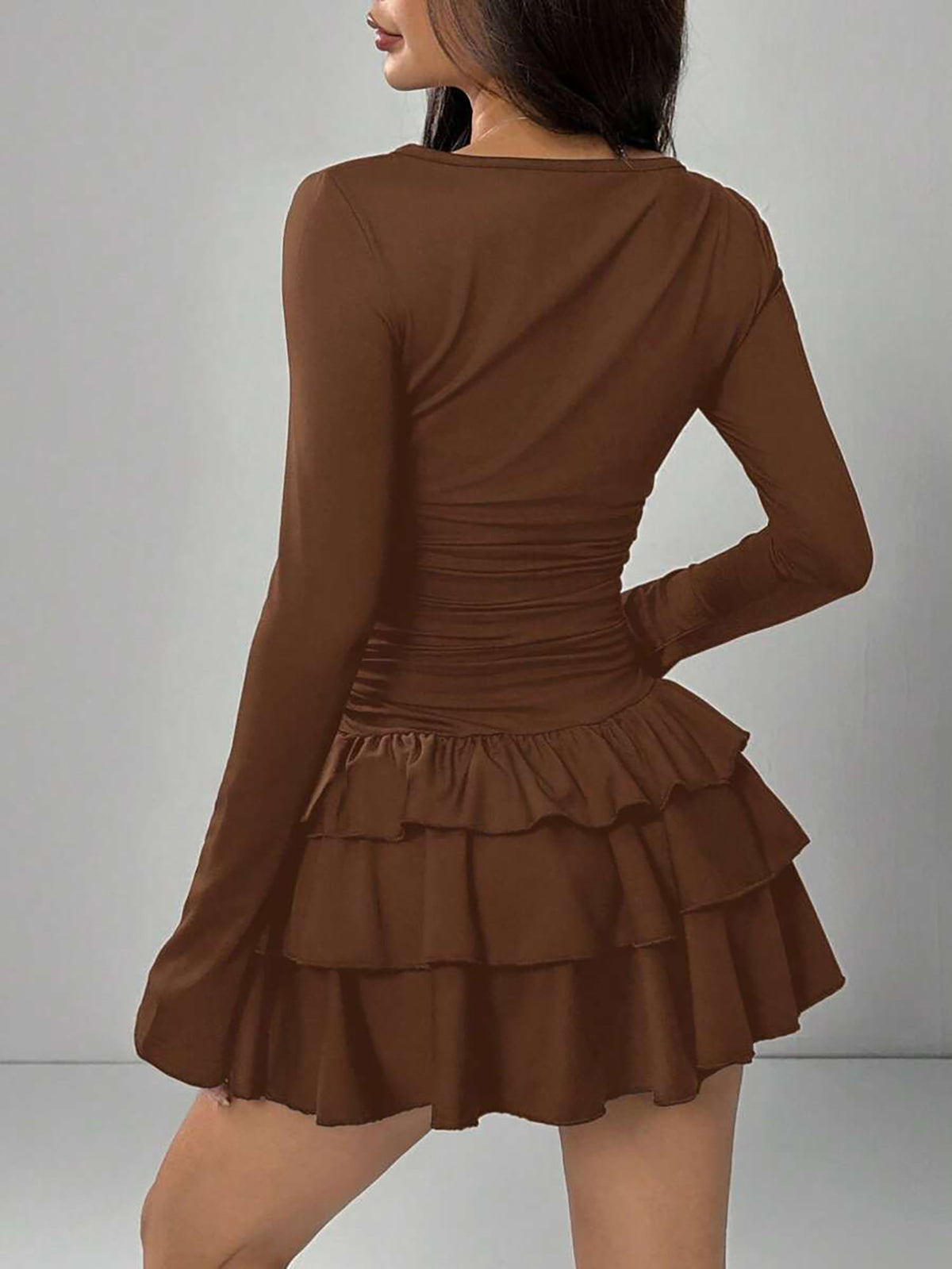 Ruched Waist Tiered Ruffle Mini Dress - Coffee - 1
