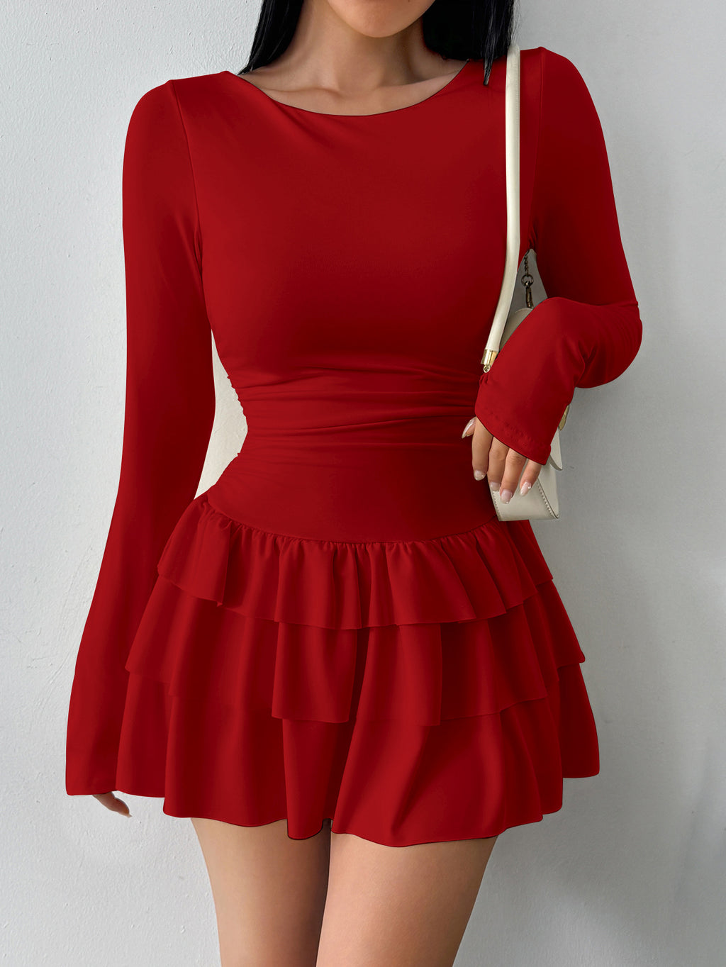 Ruched Waist Tiered Ruffle Mini Dress - Red