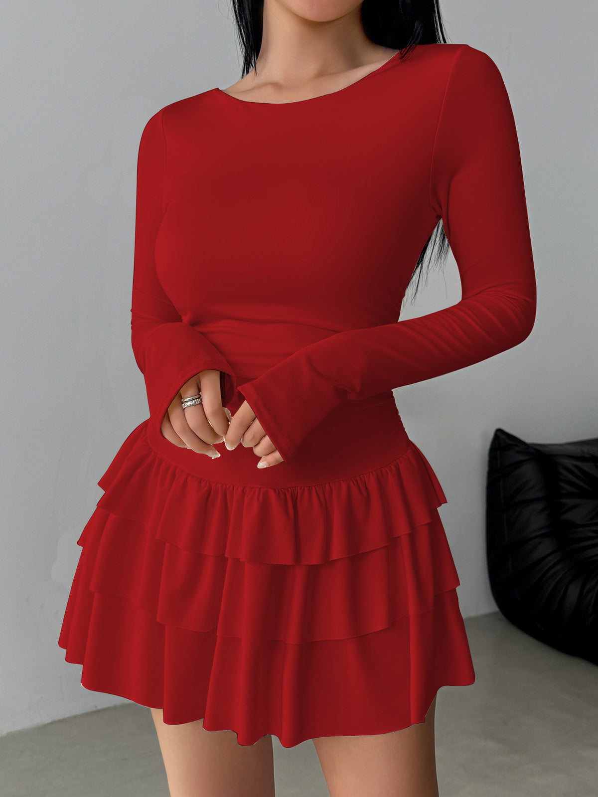 Ruched Waist Tiered Ruffle Mini Dress - Red - 1