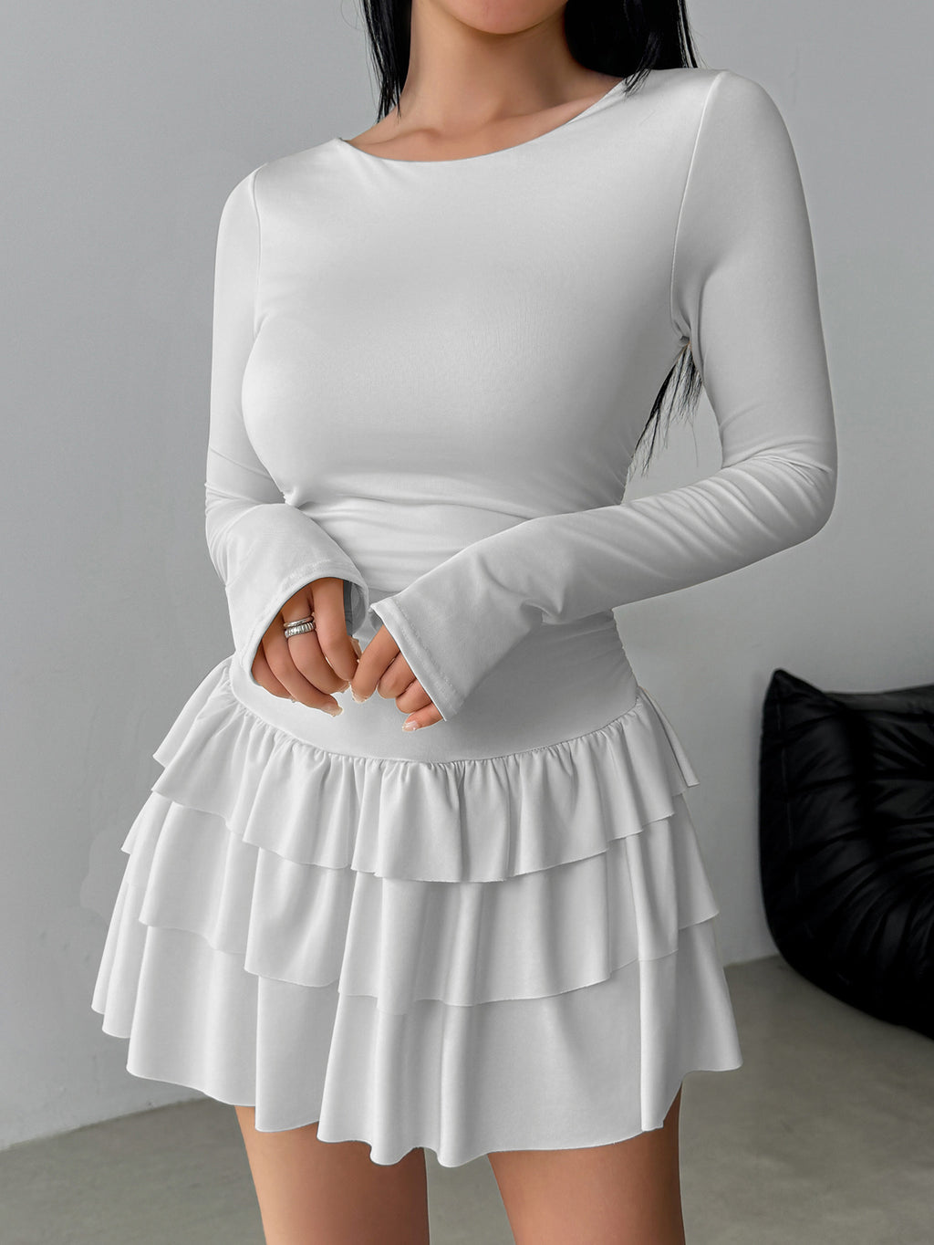 Ruched Waist Tiered Ruffle Mini Dress - White - 1