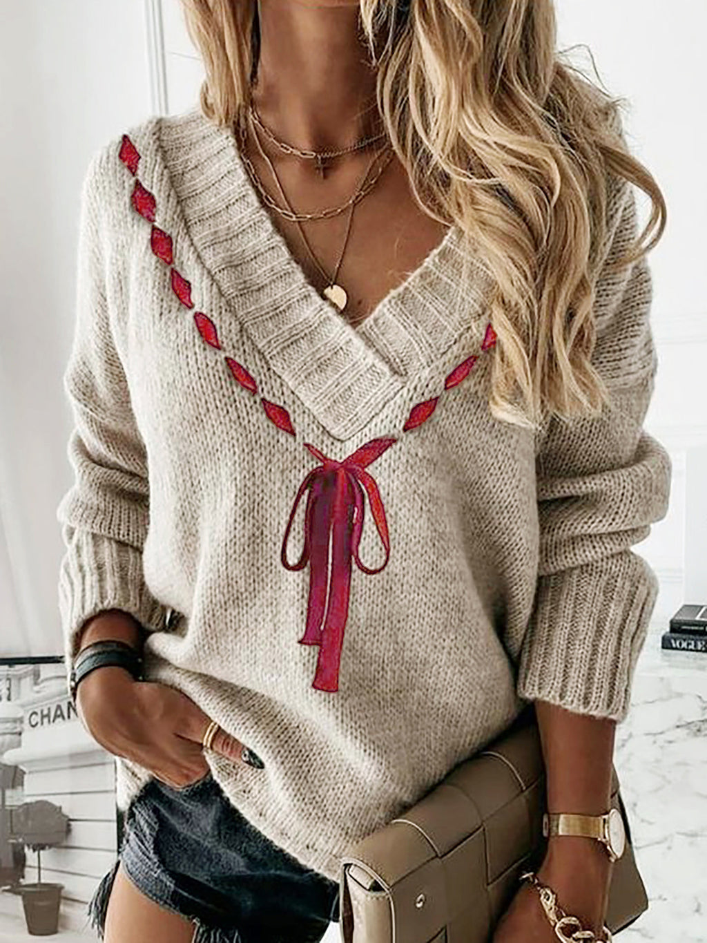 V Neck Knit Sweater With Ribbon Bow Tie - Khaki