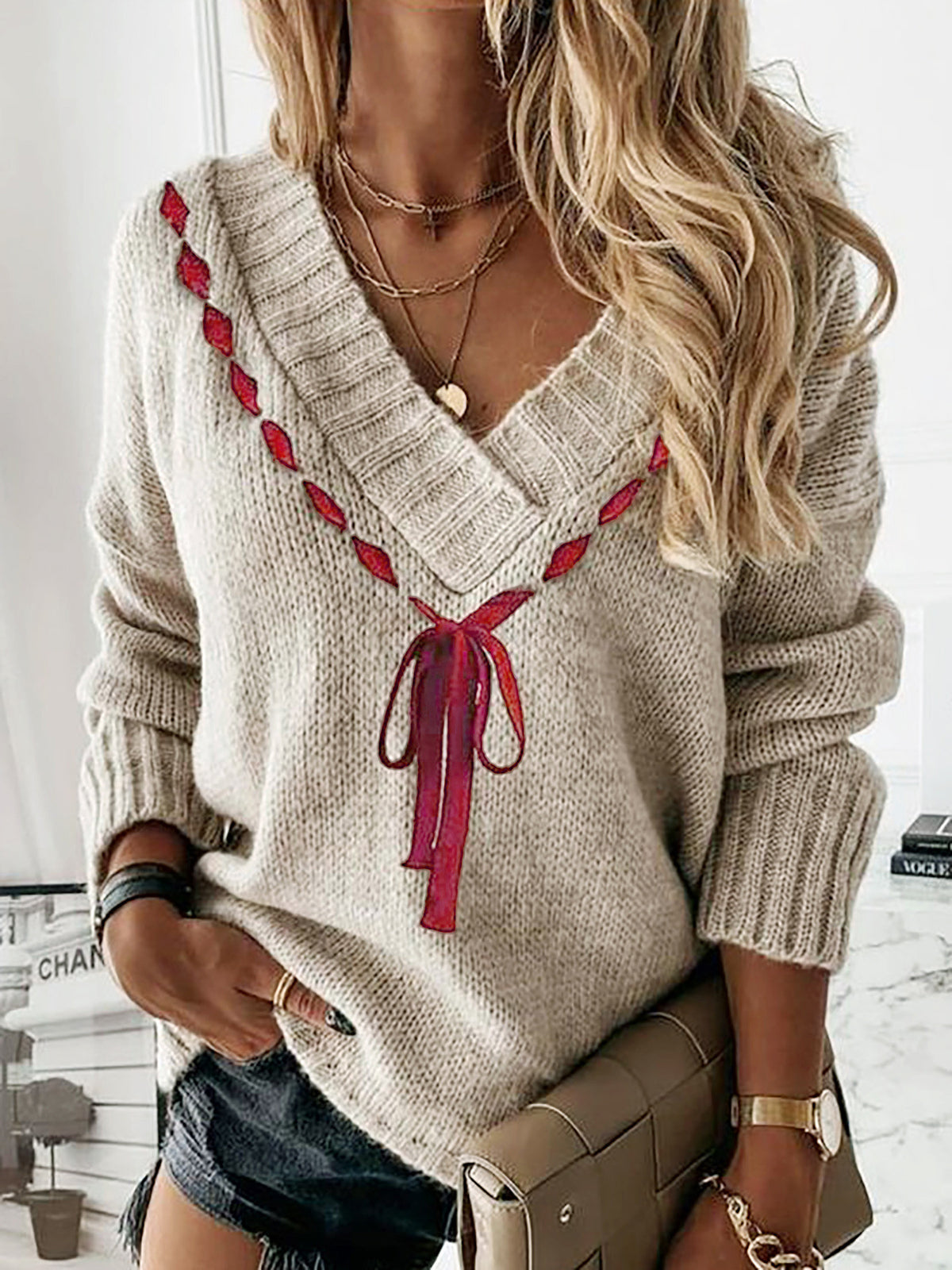 V Neck Knit Sweater With Ribbon Bow Tie - Khaki