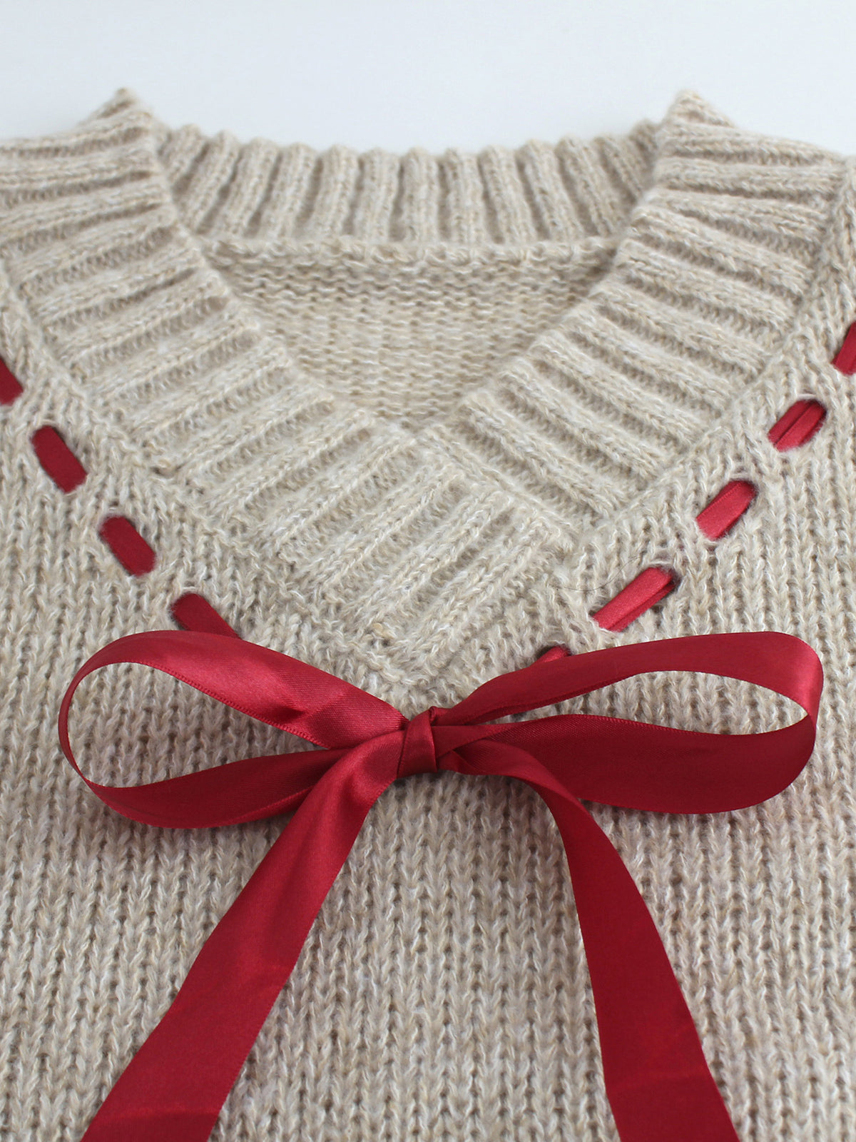 V Neck Knit Sweater With Ribbon Bow Tie - Khaki - 2