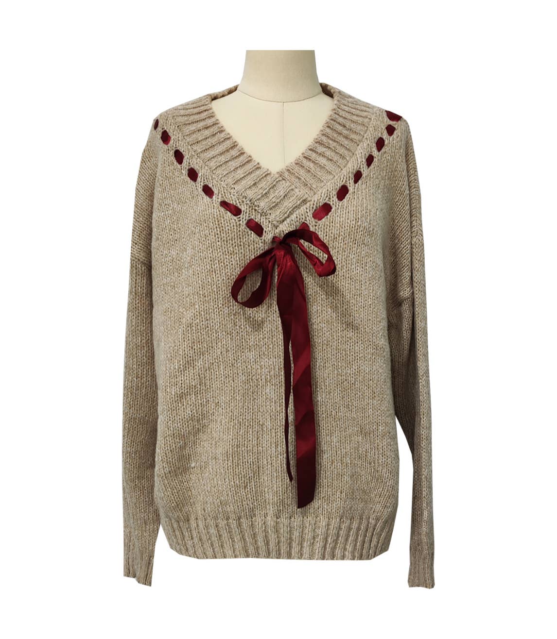 V Neck Knit Sweater With Ribbon Bow Tie