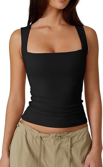 Square Neck Fitted Basic Tank Top - Black - 4