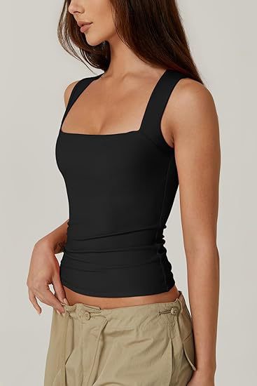 Square Neck Fitted Basic Tank Top - Black - 7