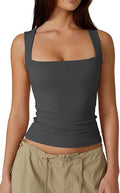 Square Neck Fitted Basic Tank Top - Charcoal