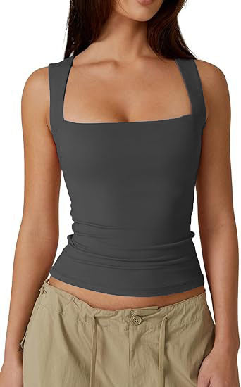 Square Neck Fitted Basic Tank Top - Charcoal