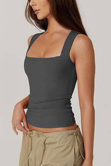 Square Neck Fitted Basic Tank Top - Charcoal - 5