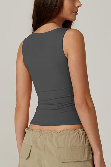 Square Neck Fitted Basic Tank Top - Charcoal - 7