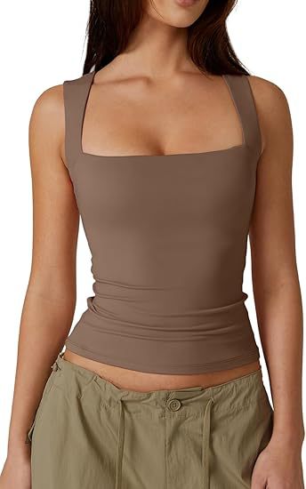 Square Neck Fitted Basic Tank Top - Coffee