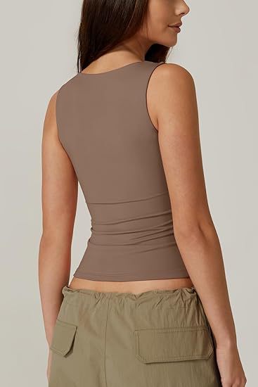 Square Neck Fitted Basic Tank Top - Coffee - 6
