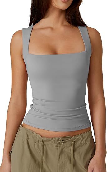 Square Neck Fitted Basic Tank Top - Grey - 4
