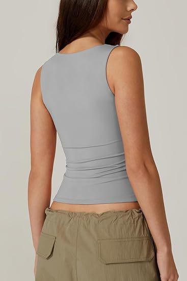 Square Neck Fitted Basic Tank Top - Grey - 5