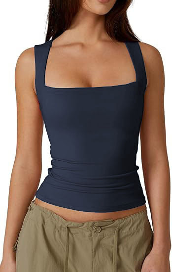 Square Neck Fitted Basic Tank Top - Navy