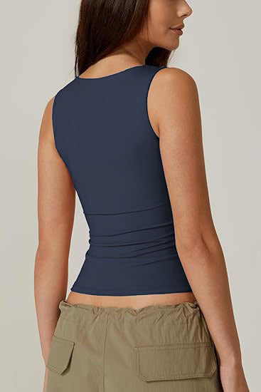 Square Neck Fitted Basic Tank Top - Navy - 2
