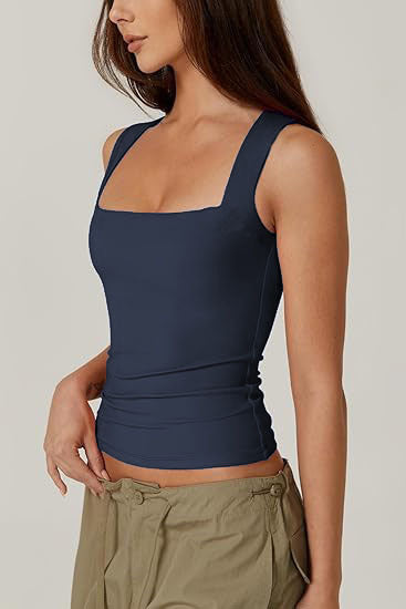 Square Neck Fitted Basic Tank Top - Navy - 4