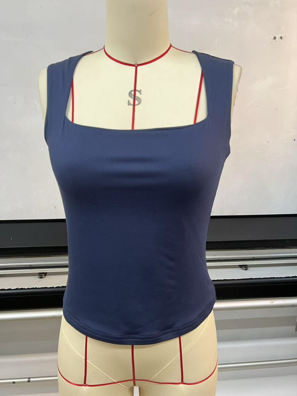 Square Neck Fitted Basic Tank Top - Navy - 5