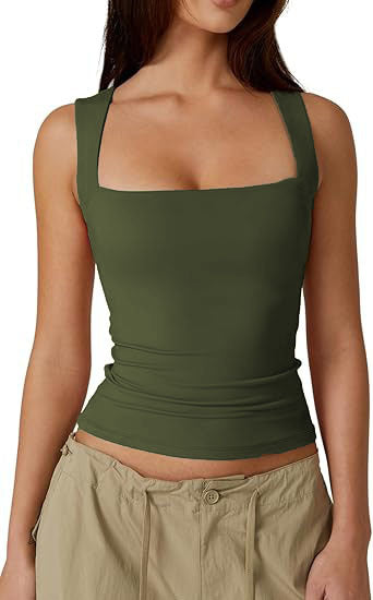 Square Neck Fitted Basic Tank Top - Olive