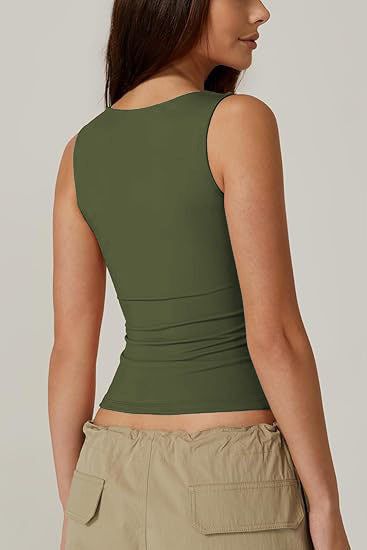 Square Neck Fitted Basic Tank Top - Olive - 4