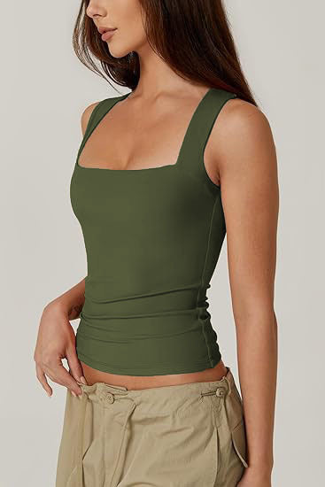 Square Neck Fitted Basic Tank Top - Olive - 6