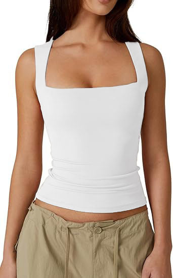 Square Neck Fitted Basic Tank Top - White - 1