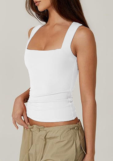 Square Neck Fitted Basic Tank Top - White - 3