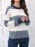 Wide Stripe Color Block Crewneck Sweater - Blue