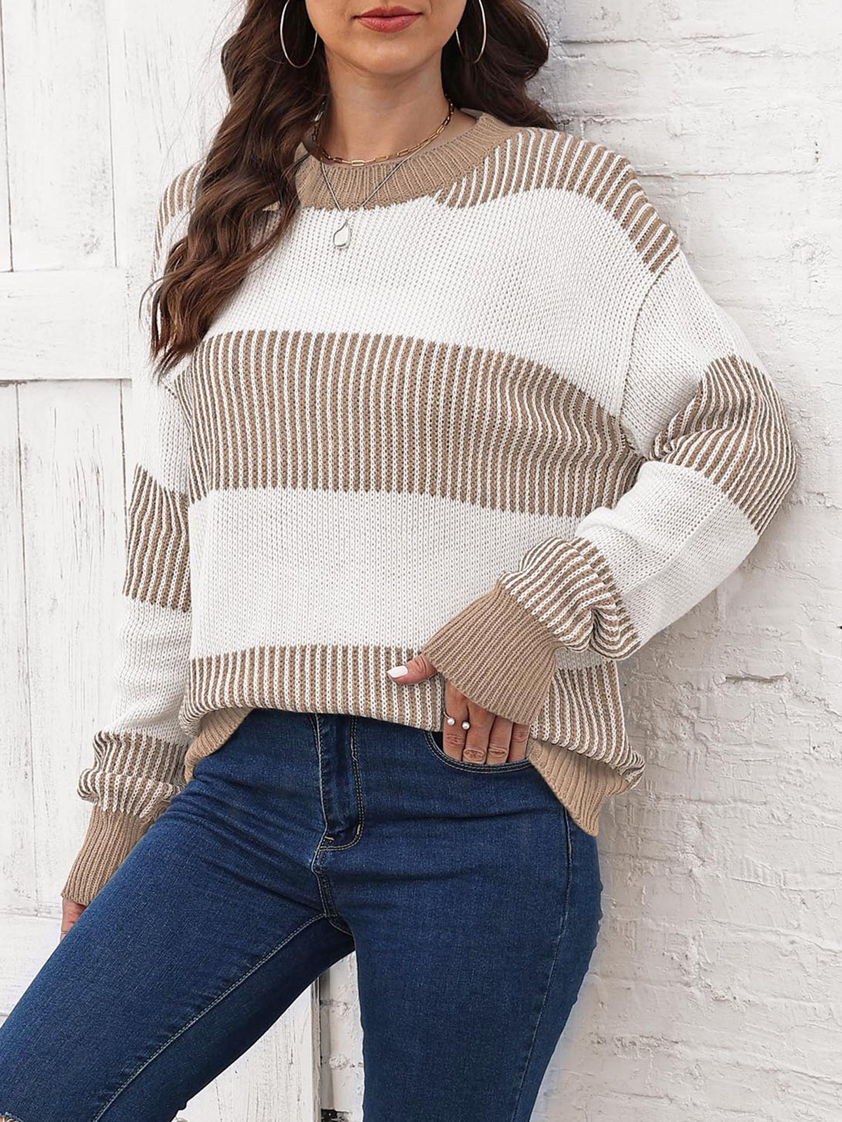 Wide Stripe Color Block Crewneck Sweater - Khaki