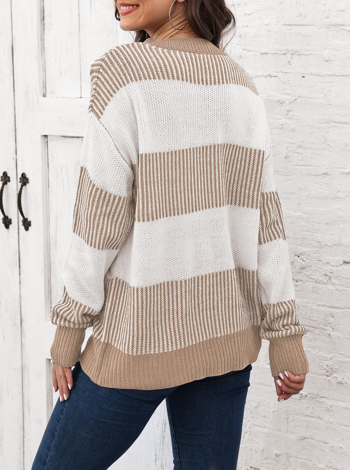 Wide Stripe Color Block Crewneck Sweater - Khaki - 1
