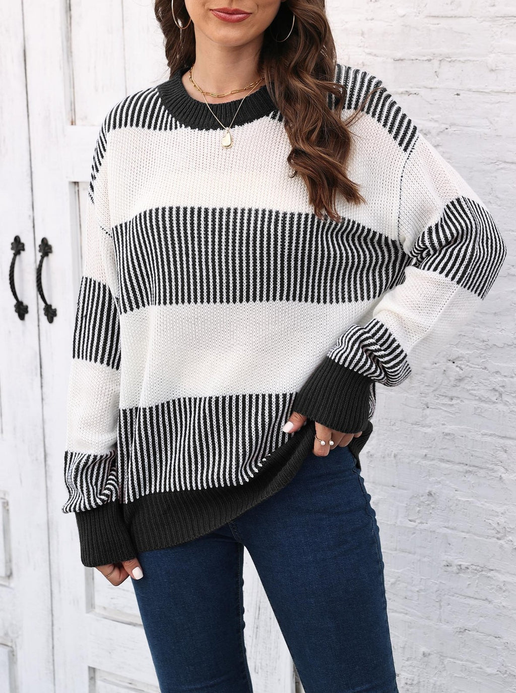 Wide Stripe Color Block Crewneck Sweater