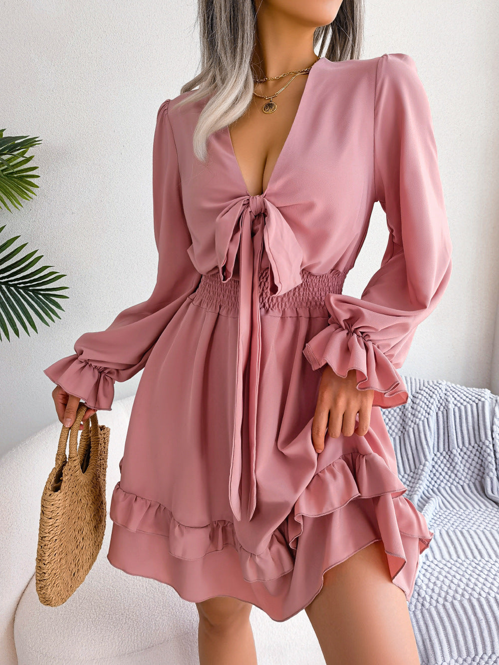 Tie Front Balloon Sleeve Ruffle Mini Dress - Pink