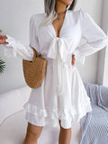 Tie Front Balloon Sleeve Ruffle Mini Dress - White