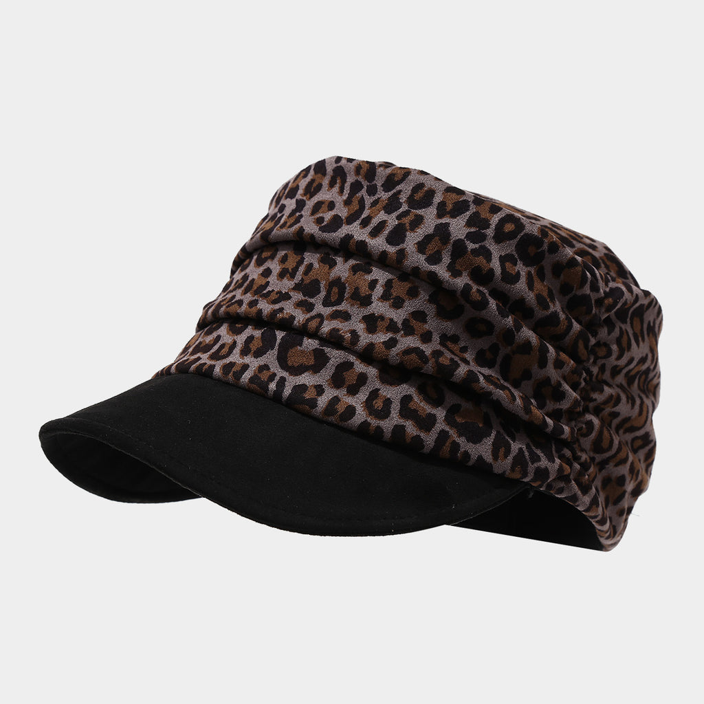 Leopard Print Ruched Cadet Cap - Black