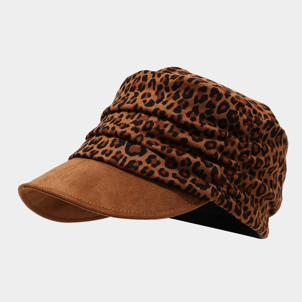 Leopard Print Ruched Cadet Cap - Brown