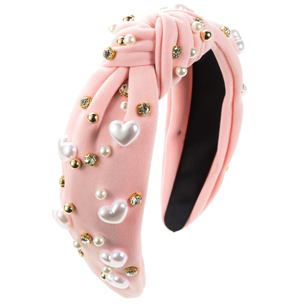 Pearl Heart Studded Knot Headband - Pink