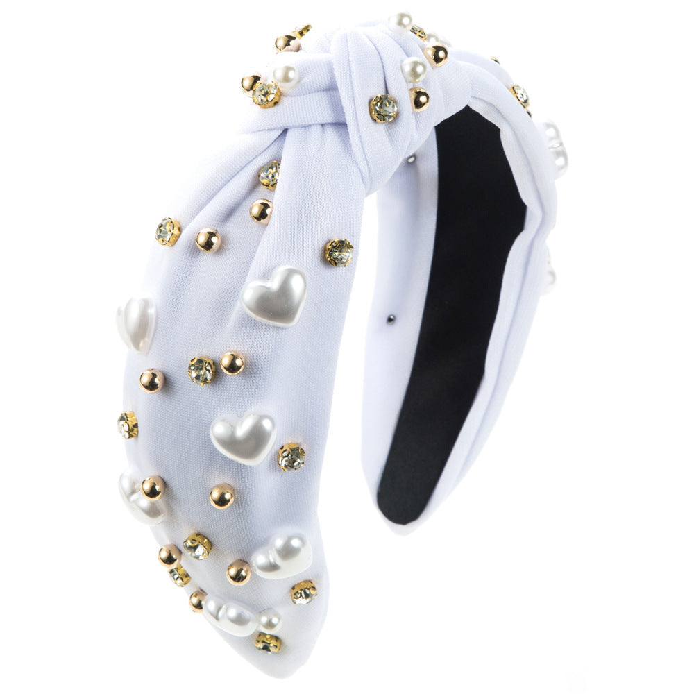 Pearl Heart Studded Knot Headband - White