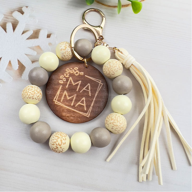 Beaded Wristlet Keychain With Tassel Charm - Beige