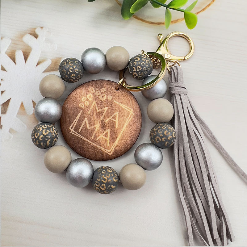 Beaded Wristlet Keychain With Tassel Charm - Grey