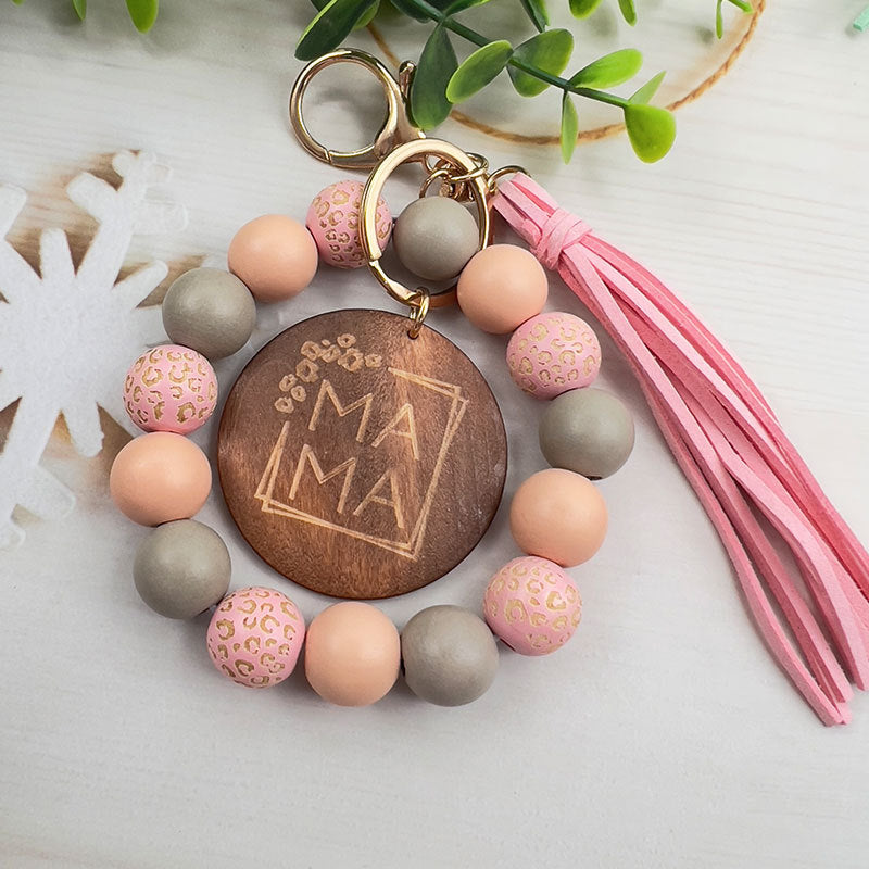 Beaded Wristlet Keychain With Tassel Charm - Pink