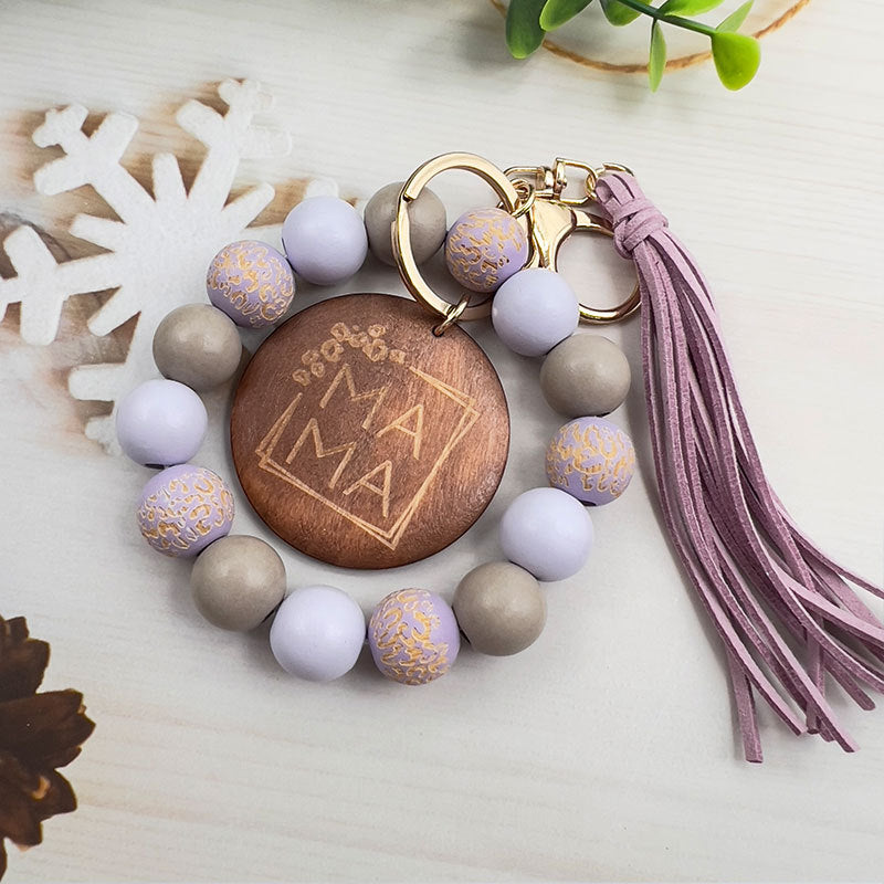Beaded Wristlet Keychain With Tassel Charm - Purple