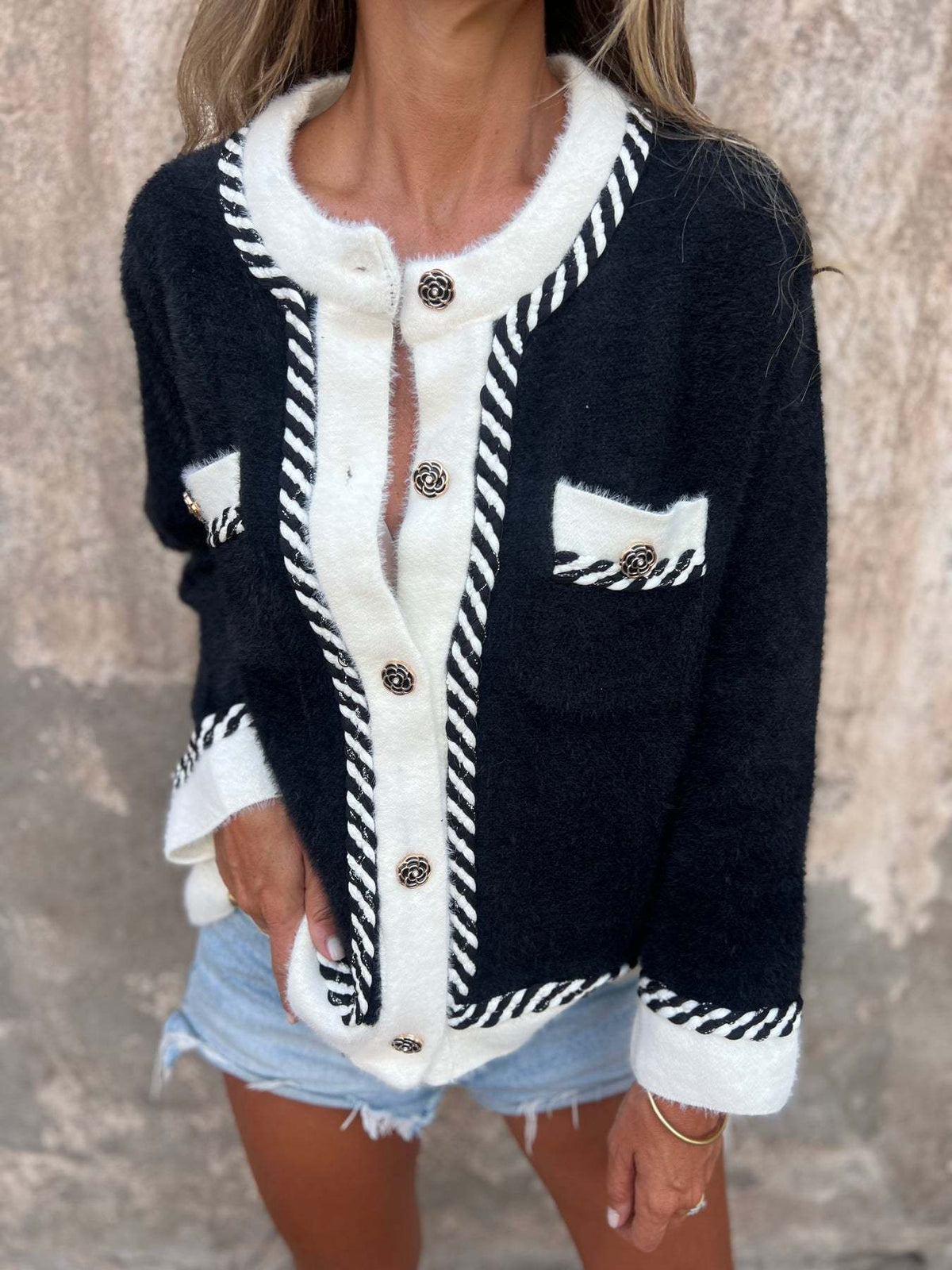 Contrast Trim Pocket Knit Cardigan - Black - 1