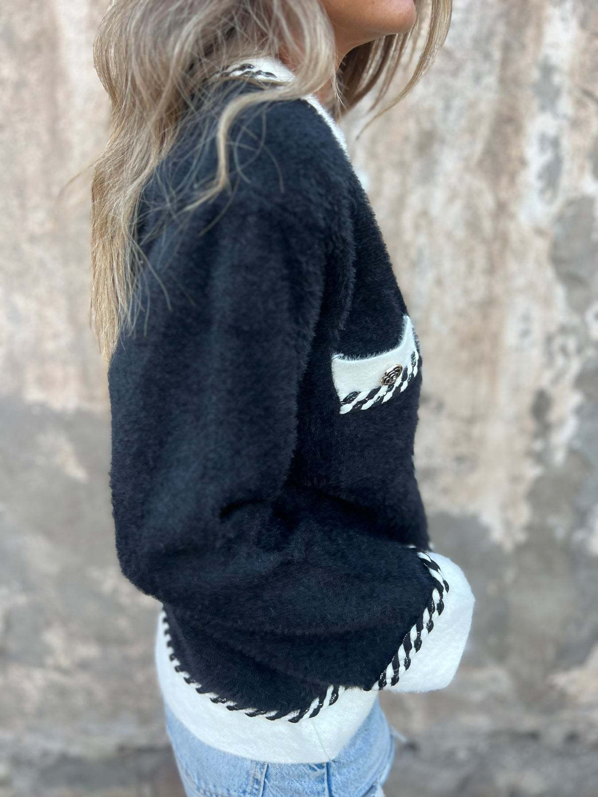 Contrast Trim Pocket Knit Cardigan - Black - 2