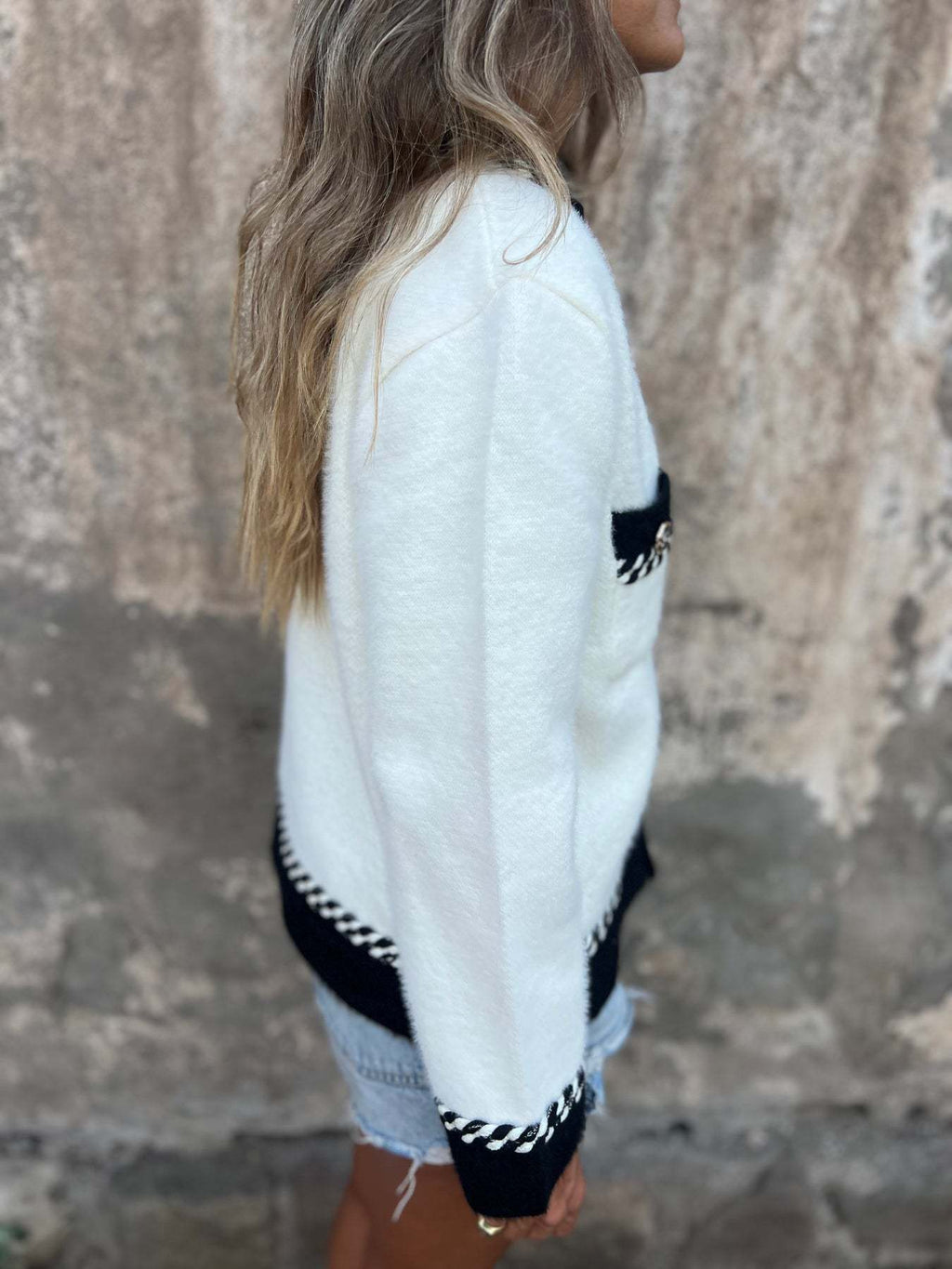 Contrast Trim Pocket Knit Cardigan - White - 1