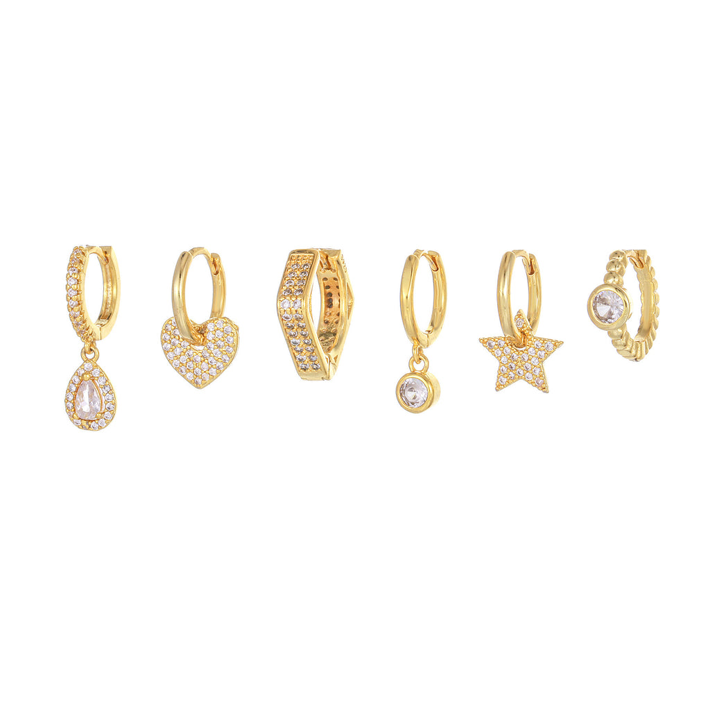 Star Heart And Teardrop Huggie Earring Set - Gold