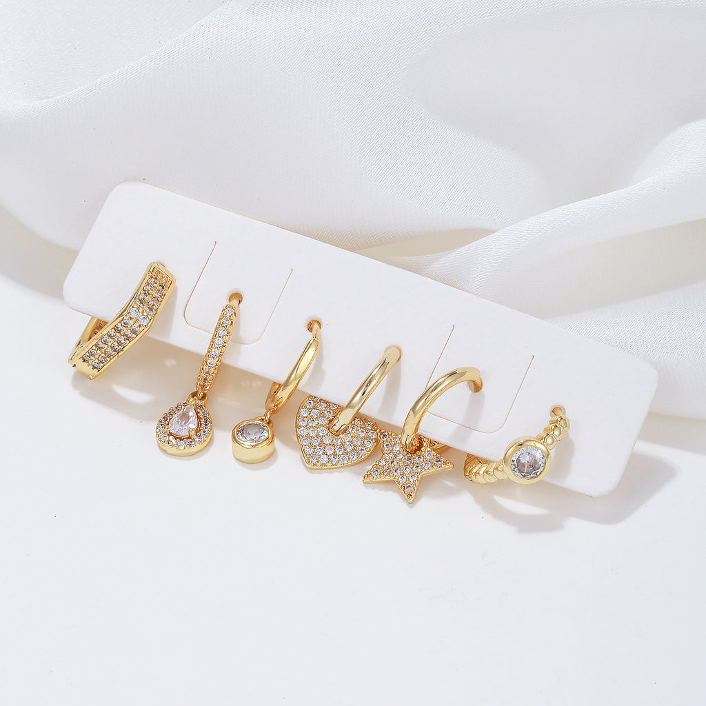 Star Heart And Teardrop Huggie Earring Set - Gold - 1